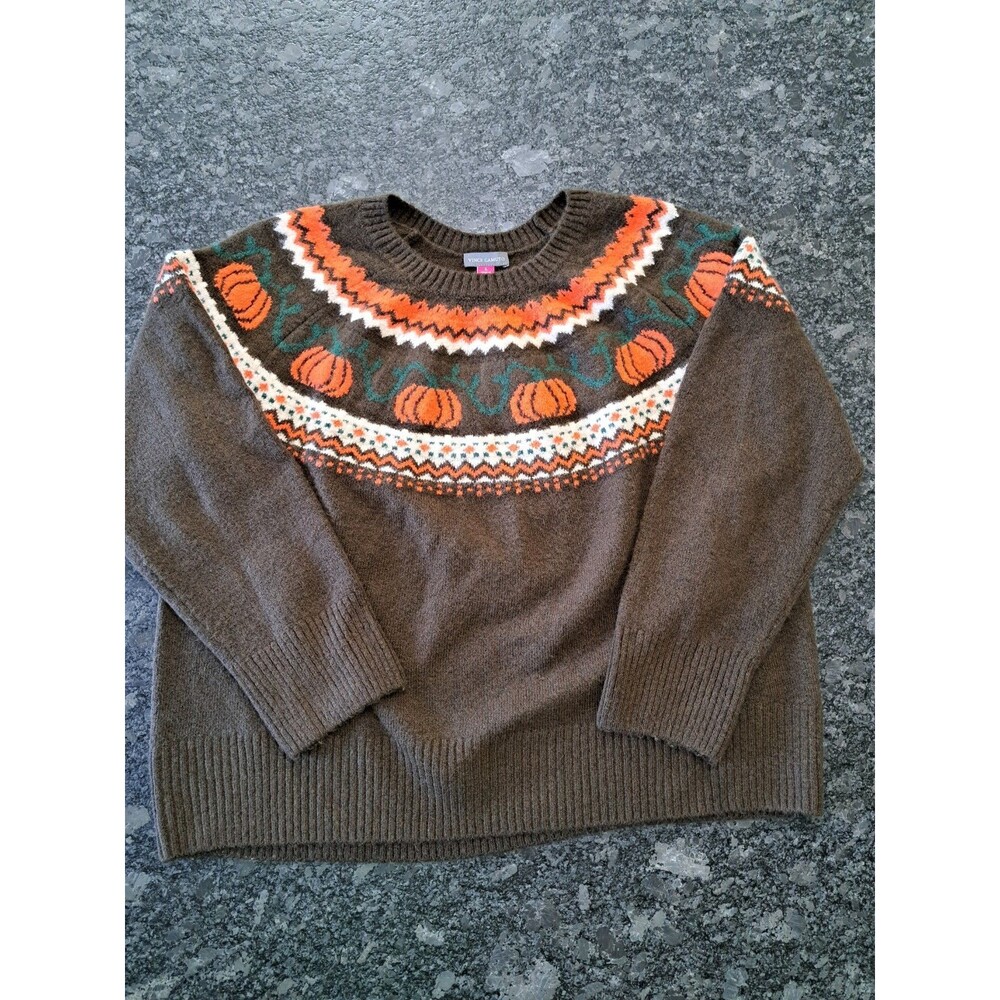 Vince Camuto Fall Autumn Halloween Sweater Womens L Brown Knit Pumpkin Fair Isle